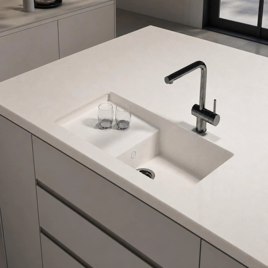 White Silestone White Zeus Portitxol countertop with integrated sink and black tap