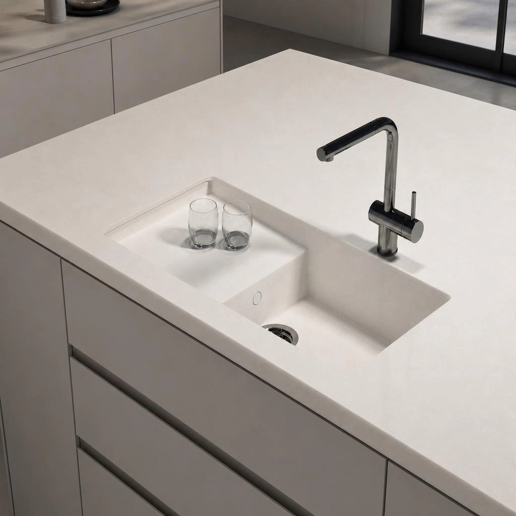 White Silestone White Zeus Portitxol countertop with integrated sink and black tap