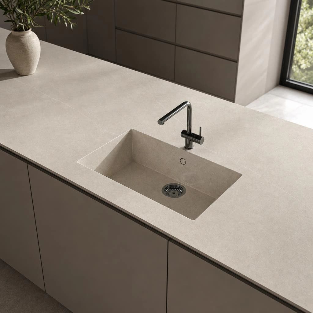 Dekton Sa Caleta countertop in Adia with integrated sink and black tap