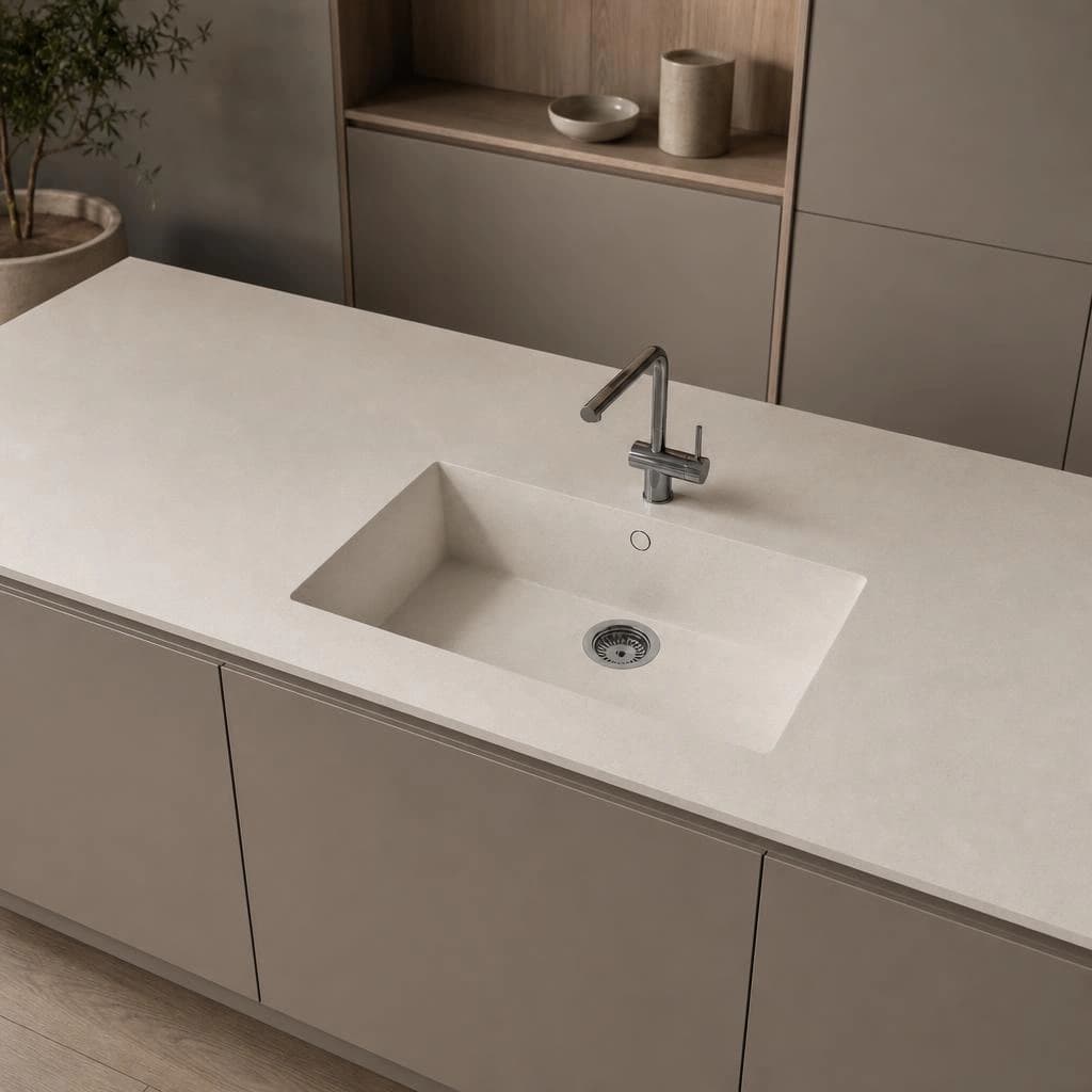 Dekton Sa Caleta Arbeitsplatte in Aeris mit integriertem Spülbecken und Armatur