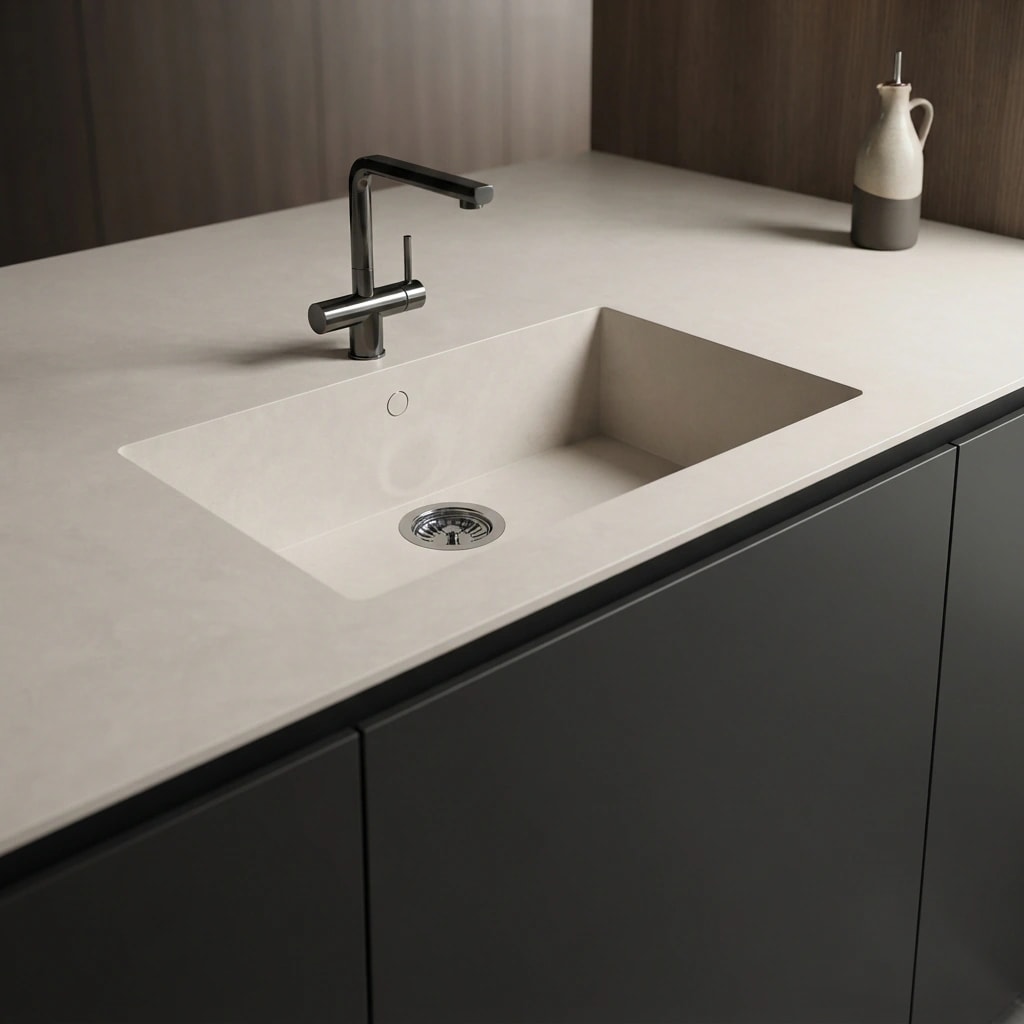 Dekton Sa Caleta Arbeitsplatte in Argentium mit integriertem Spülbecken und schwarzer Armatur