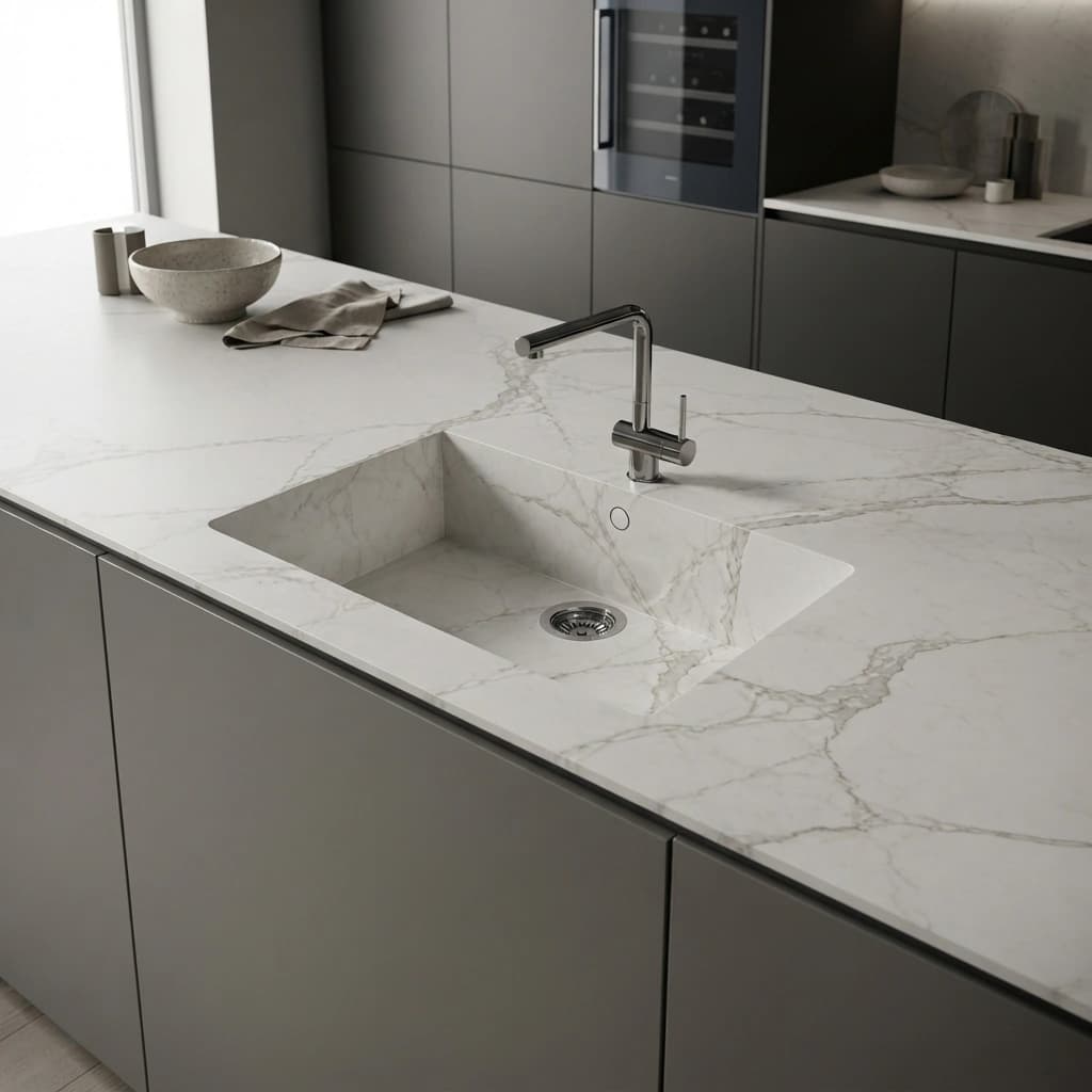 Weiße Dekton Aura Sa Caleta Arbeitsplatte mit grauer Äderung, integriertem Spülbecken und Armatur in einer Küche