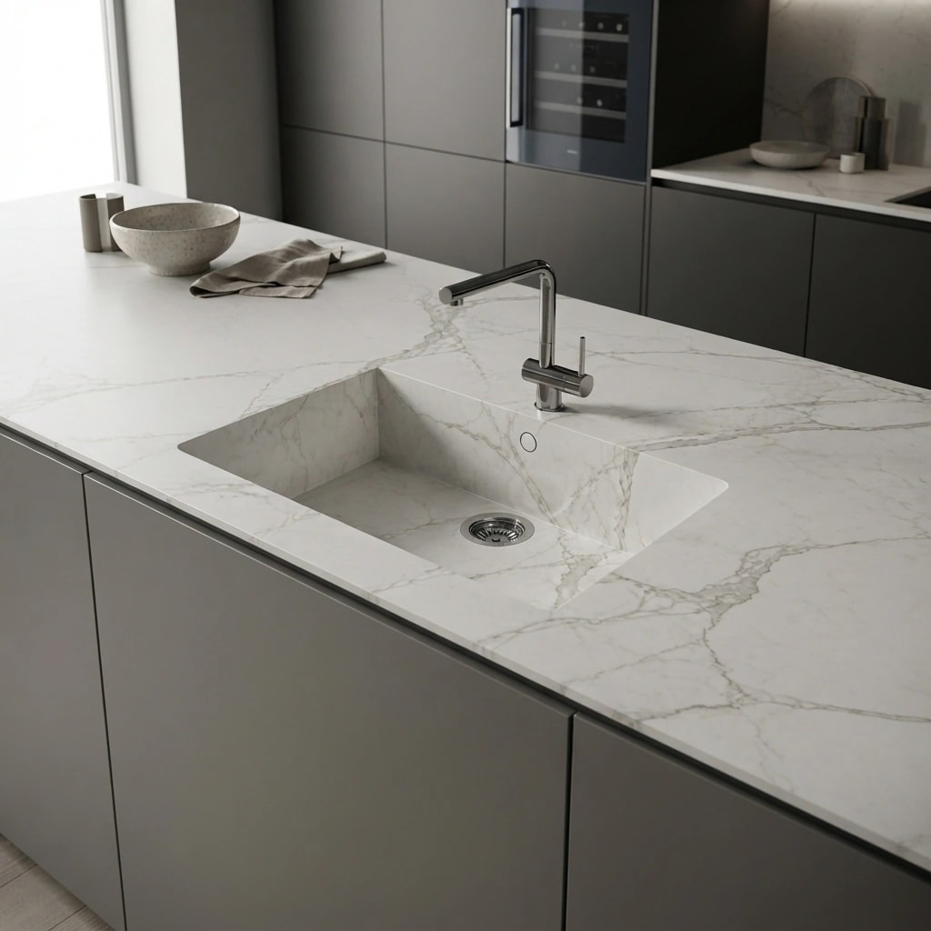 White Dekton Aura Sa Caleta worktop with grey veining, integrated sink and tap in a kitchen