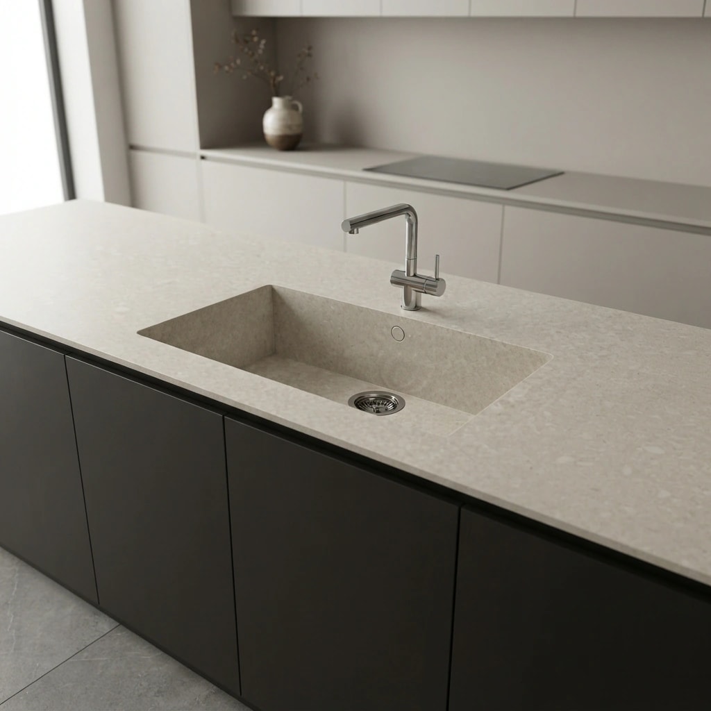 Dekton Ava worktop in a kitchen with an integrated sink and metal tap