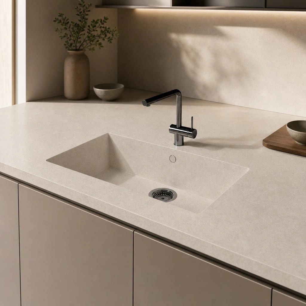 Dekton Sa Caleta countertop in Avorio with integrated sink and black tap