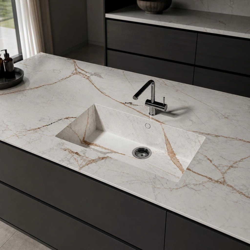 Dekton Sa Caleta worktop in Awake with an integrated sink and black tap