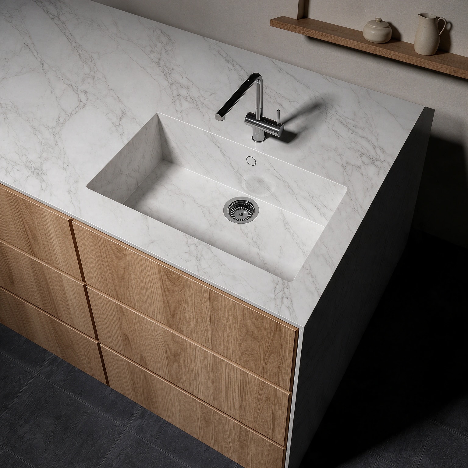 Sa Caleta sink integrated into a Dekton Bergen kitchen countertop.
