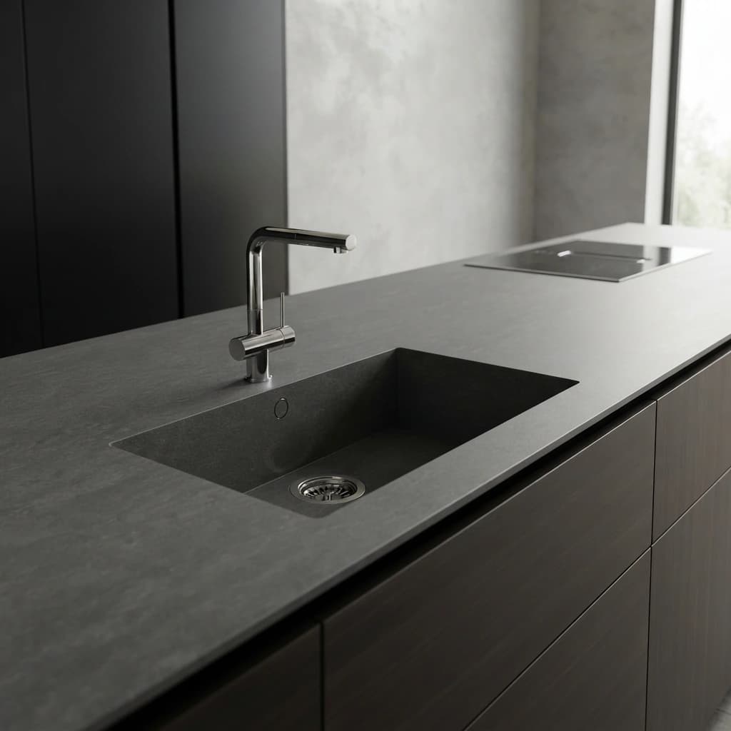 Grey Dekton Bromo worktop with a black sink and integrated tap in a kitchen