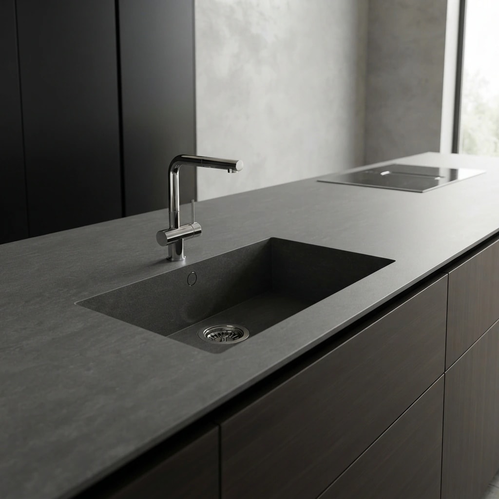 Grey Dekton Bromo worktop with a black sink and integrated tap in a kitchen