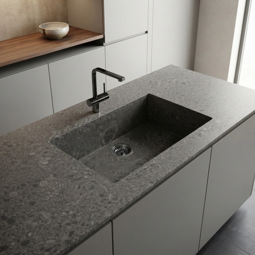 Dekton Sa Caleta countertop in Ceppo with integrated sink and black tap