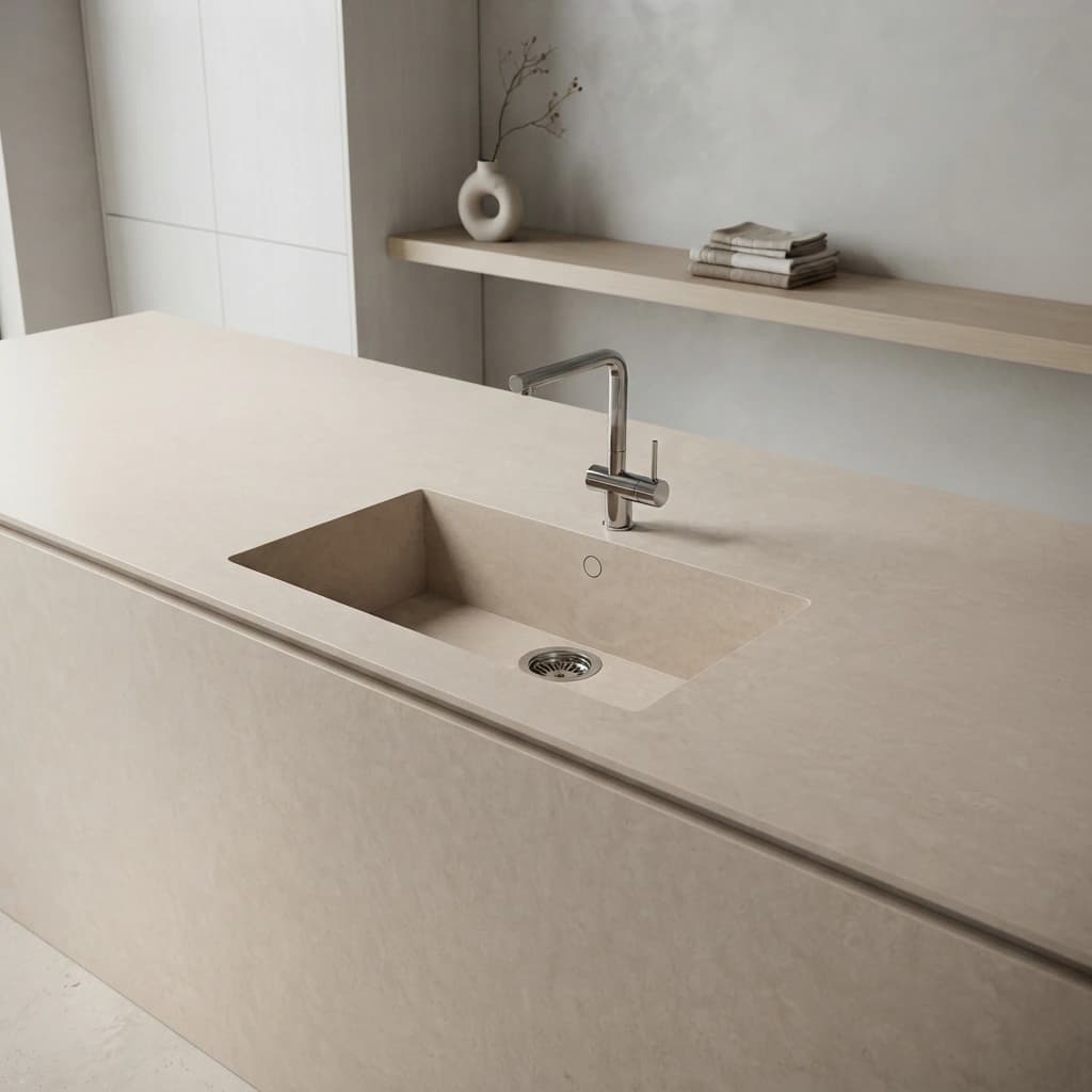 Dekton Danae countertop with integrated sink and chrome faucet