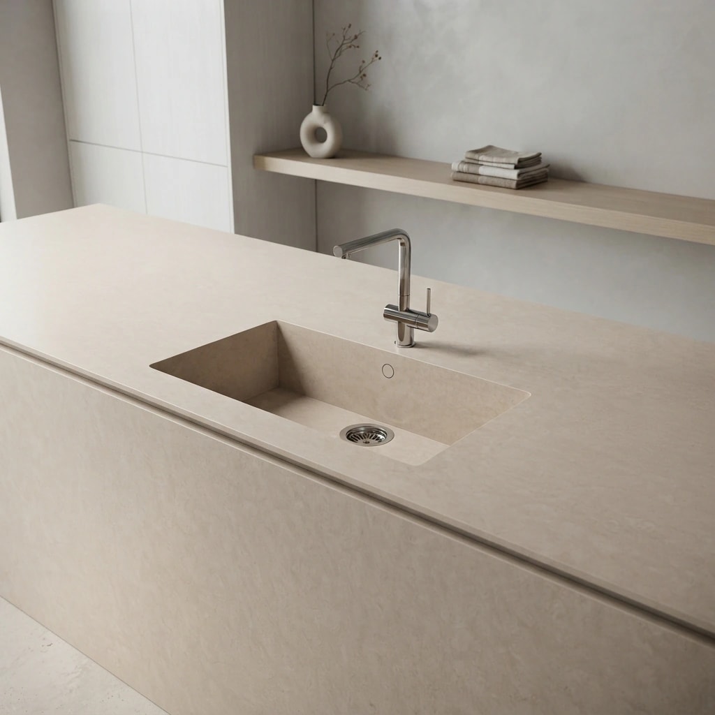 Arbeitsplatte aus Dekton Danae mit integriertem Spülbecken und Chromarmatur