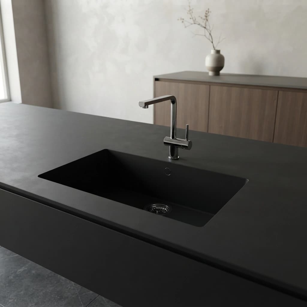Dekton Domoos Sa Caleta countertop in a dark colour with an integrated black sink and chrome tap