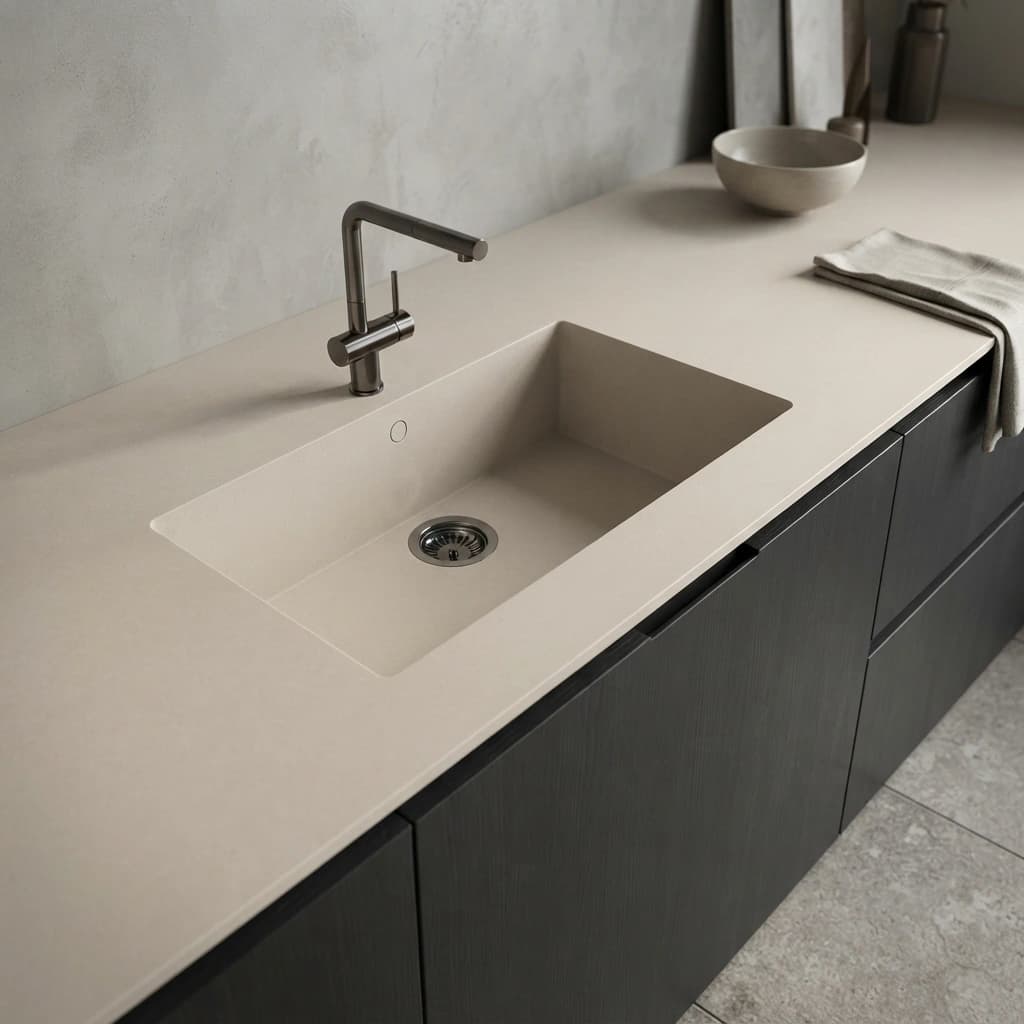 Dekton Dunna Arbeitsplatte mit integriertem Spülbecken und Armatur in einer Küche