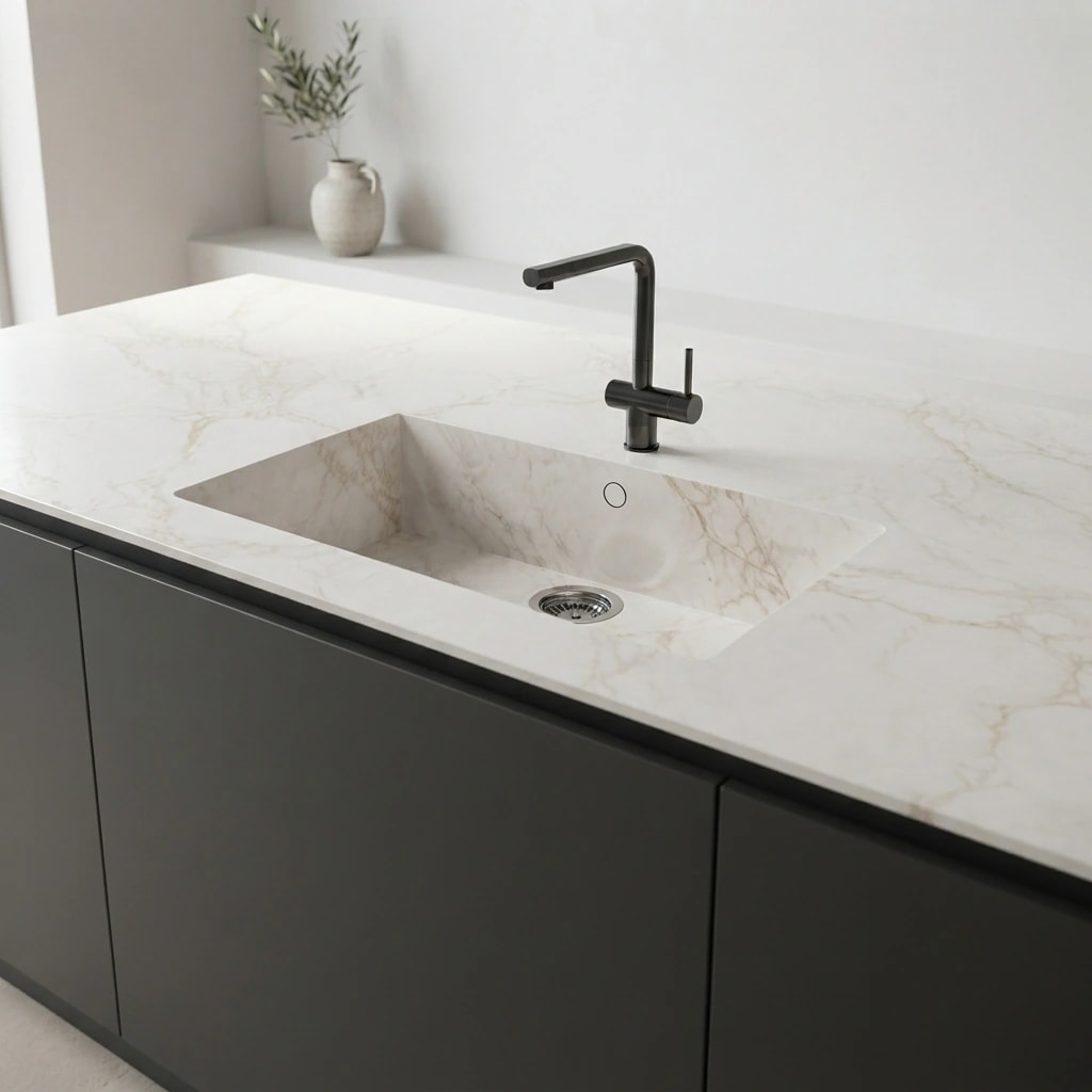 Dekton Entzo Arbeitsplatte mit integriertem Spülbecken und schwarzer Armatur