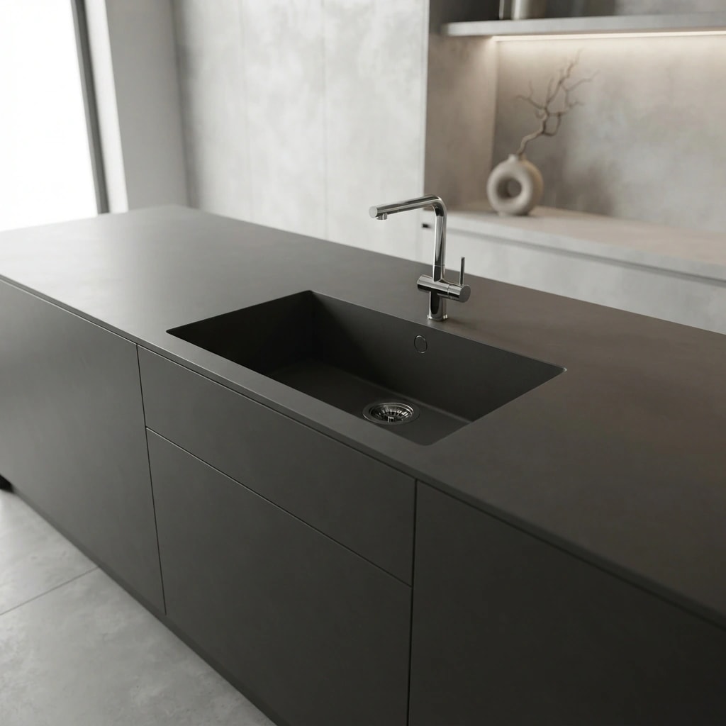 Dekton Eter countertop with an integrated black sink and chrome tap