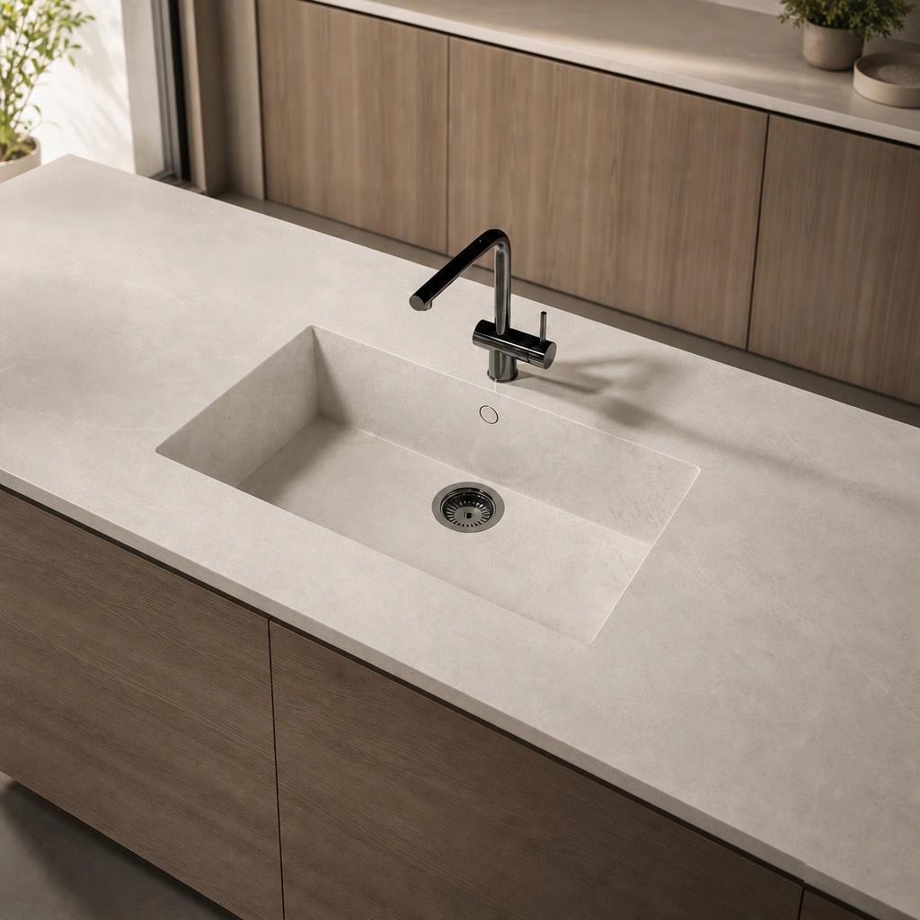 Dekton Evok worktop with integrated sink and black tap