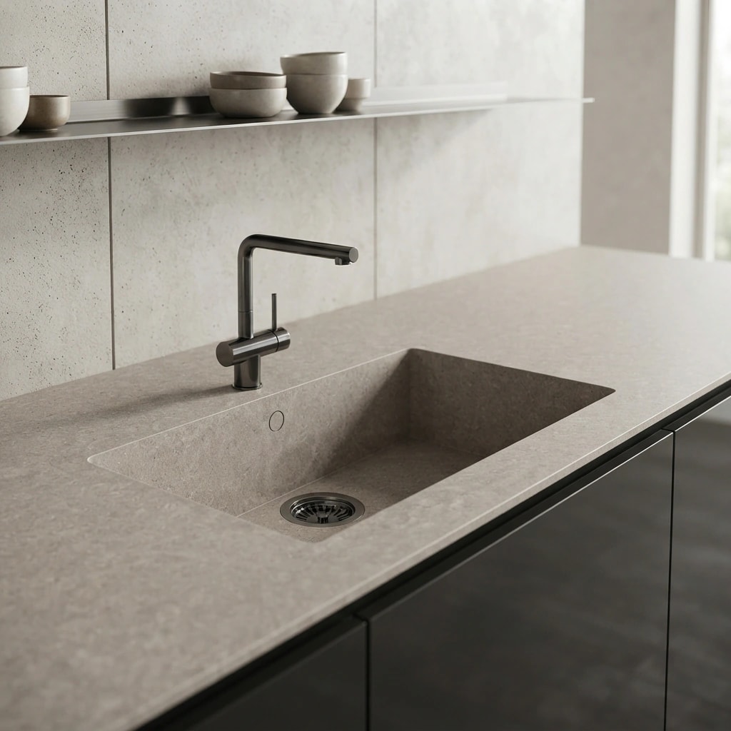 Dekton Sa Caleta worktop in Grigio with integrated sink and dark tap