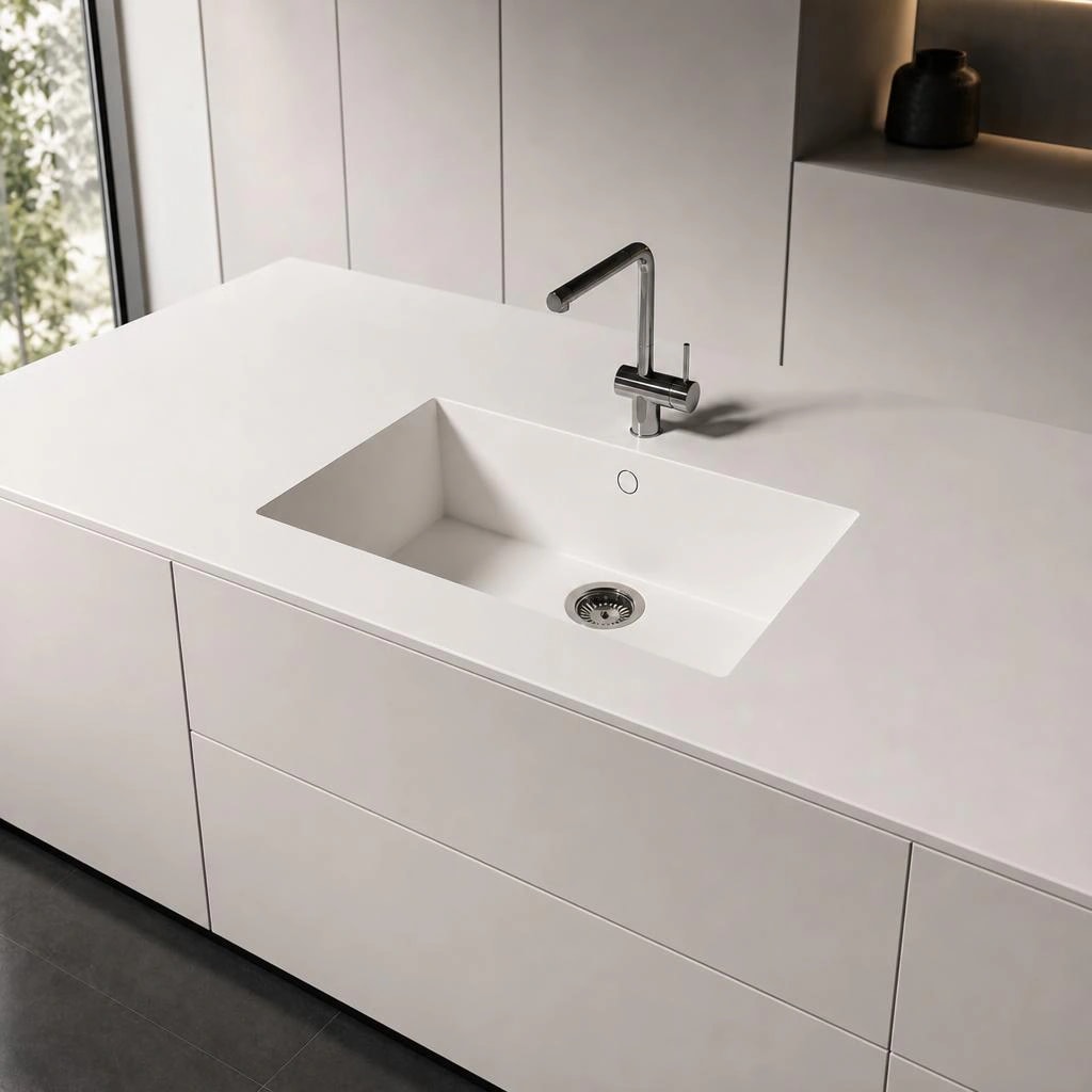 White Dekton Sa Caleta worktop in Halo finish with integrated sink and tap