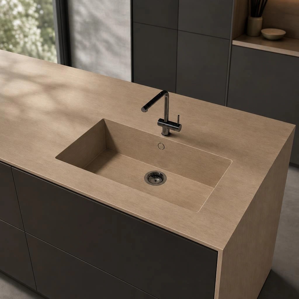 Dekton Sa Caleta countertop in Kedar with integrated sink and black tap