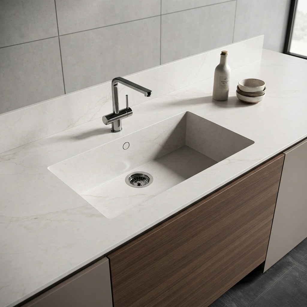 Dekton Keena worktop with integrated sink, tap and kitchen cabinet