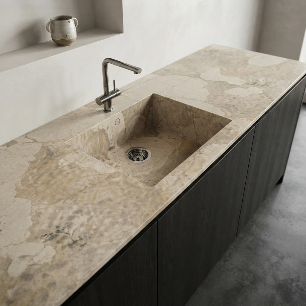 Arbeitsplatte Dekton Khalo mit integriertem Spülbecken und Metallarmatur