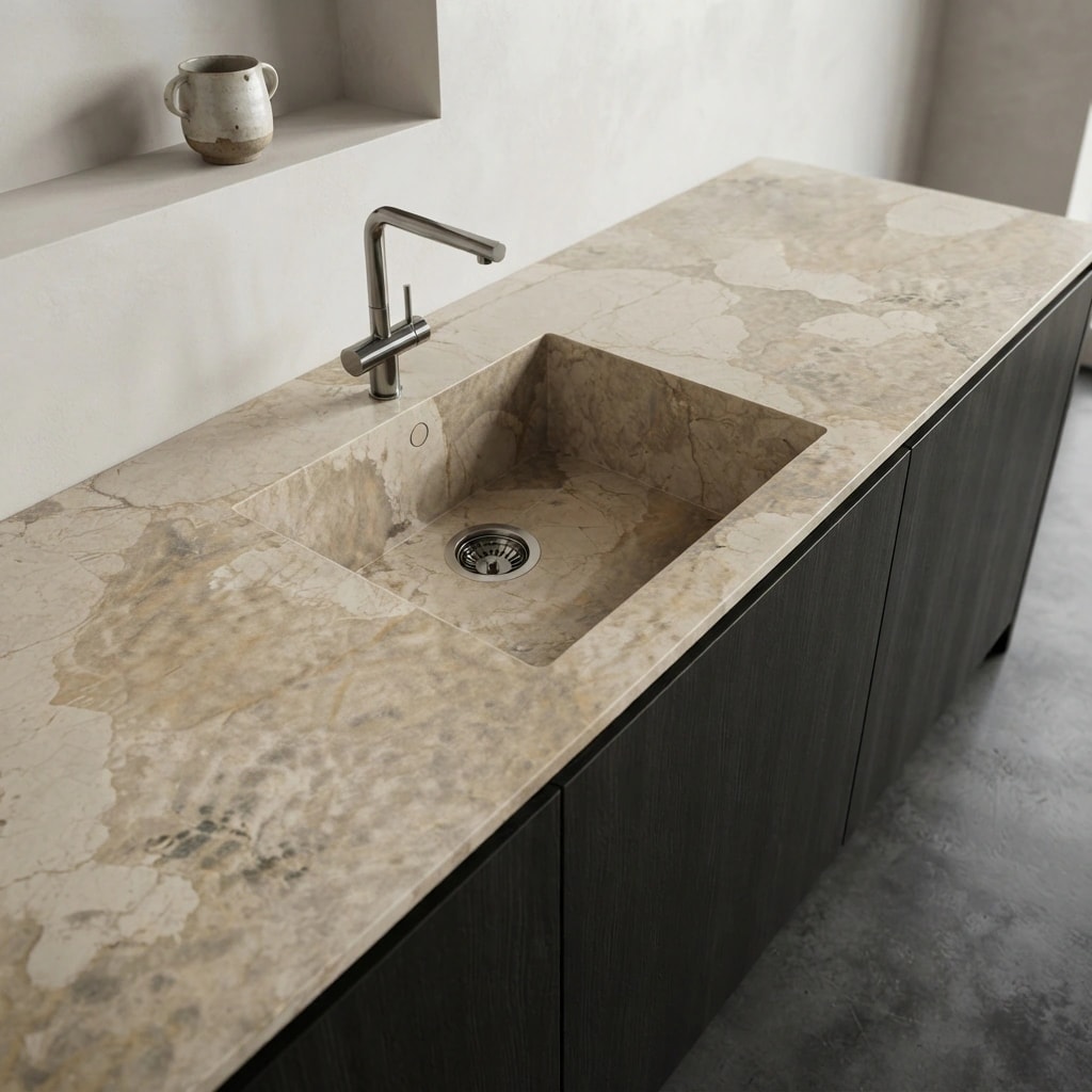 Dekton Khalo countertop with integrated sink and metal faucet