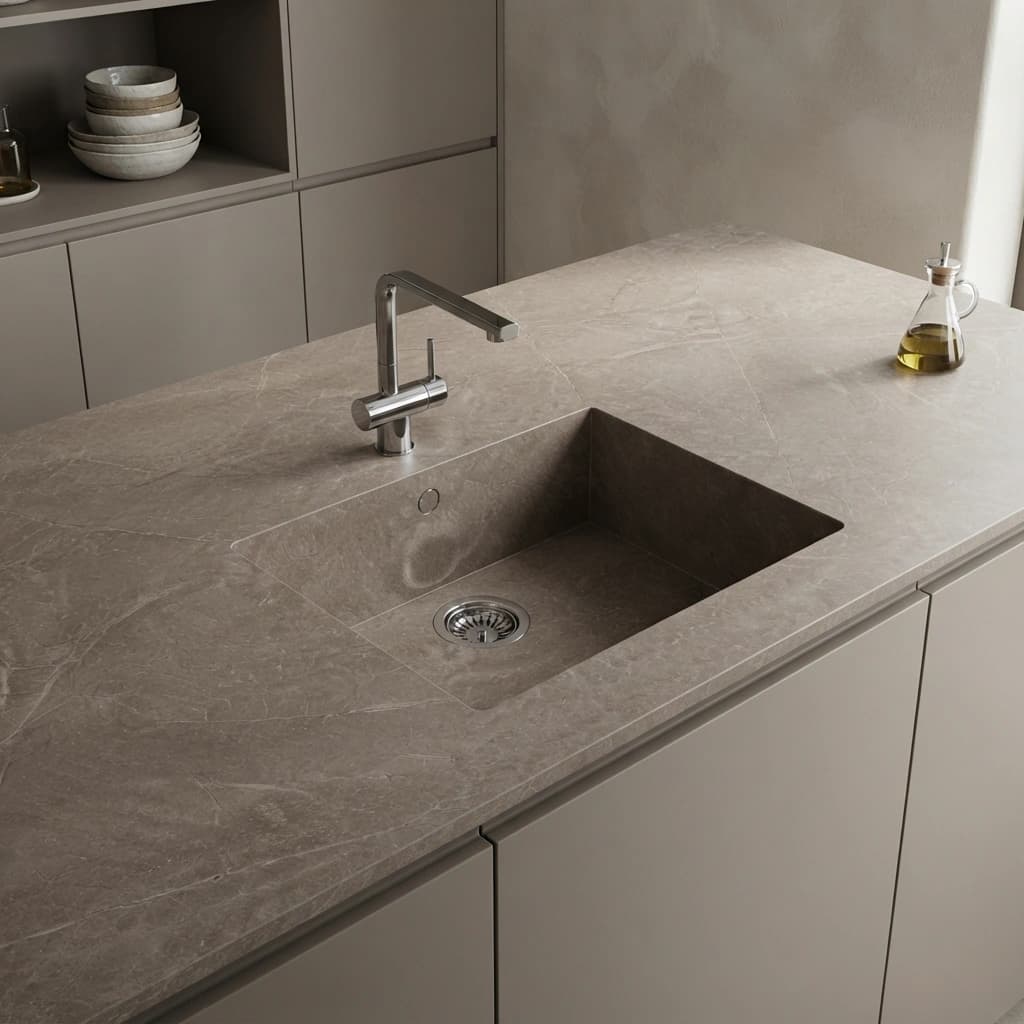Bancada Dekton Kira com lava-loiça integrado e torneira numa cozinha