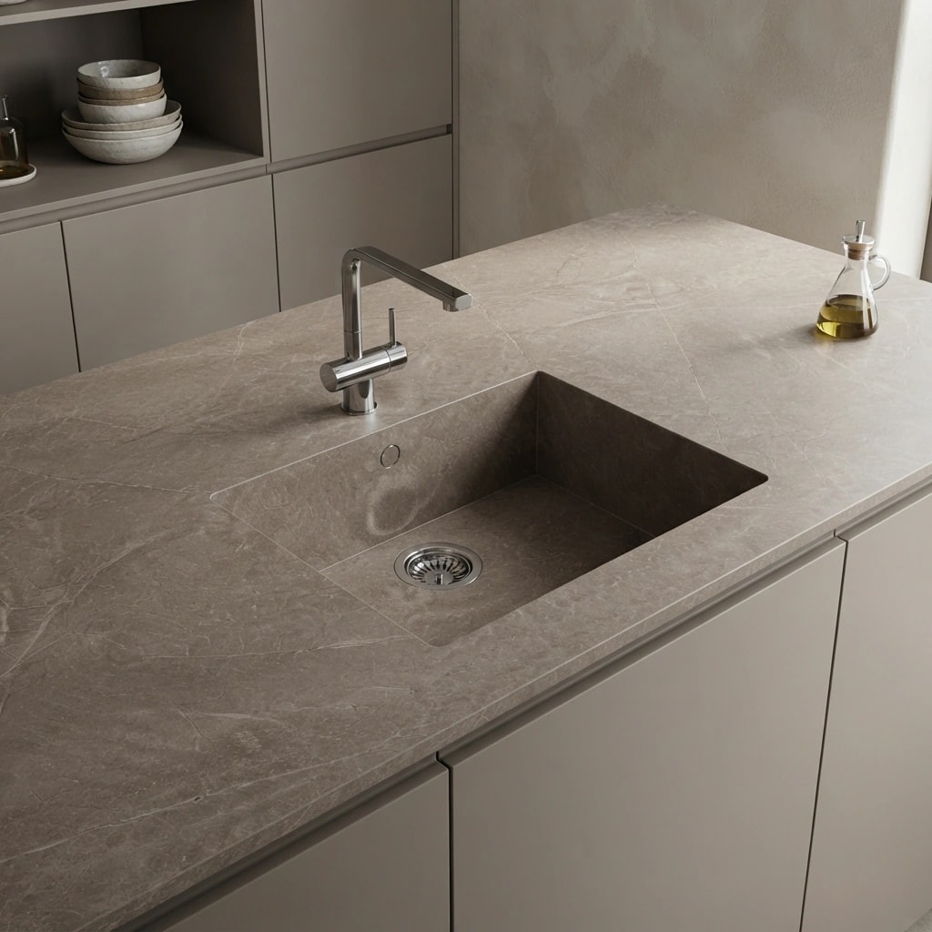 Plan de travail Dekton Kira avec évier intégré et robinet dans une cuisine