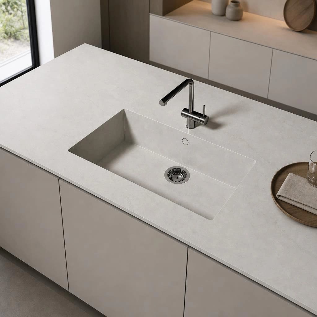 Dekton Kovik worktop on a kitchen island with an integrated sink and metal tap