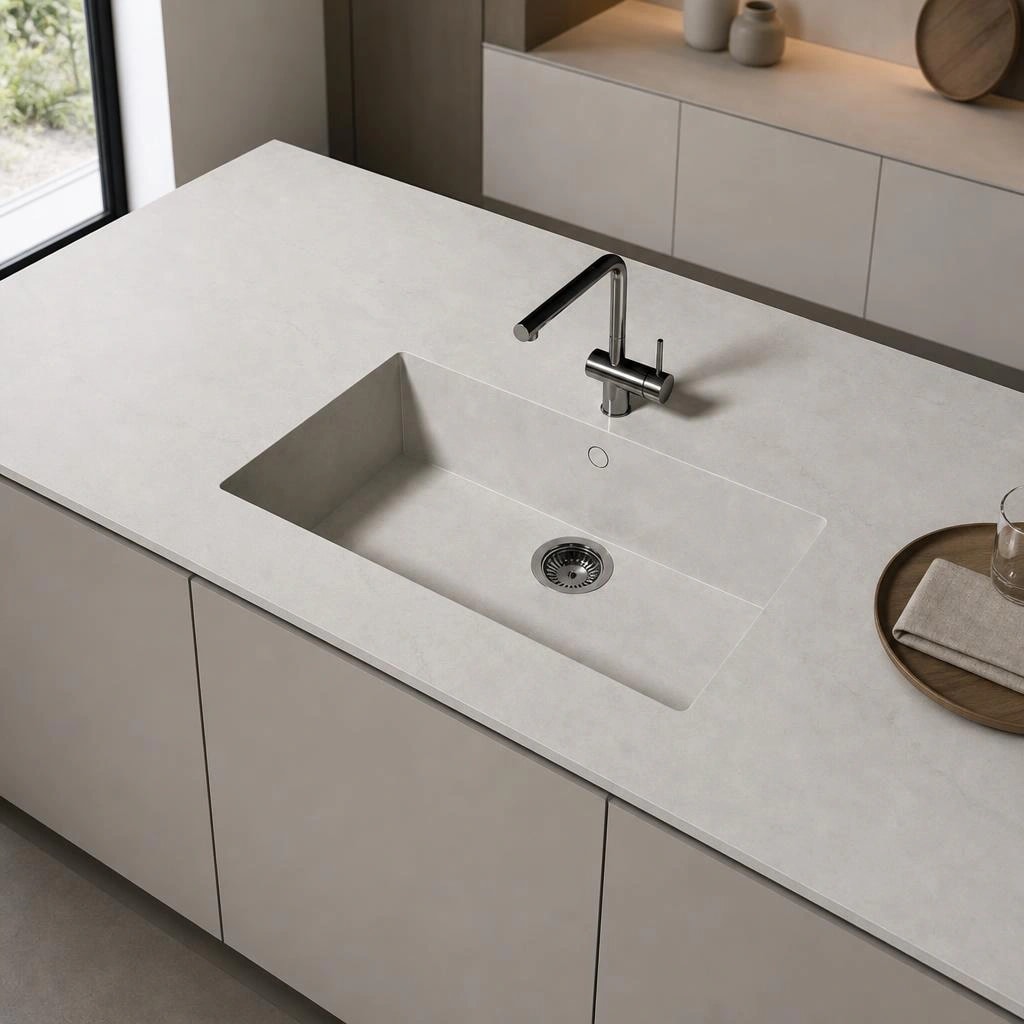 Dekton Kovik worktop on a kitchen island with an integrated sink and metal tap
