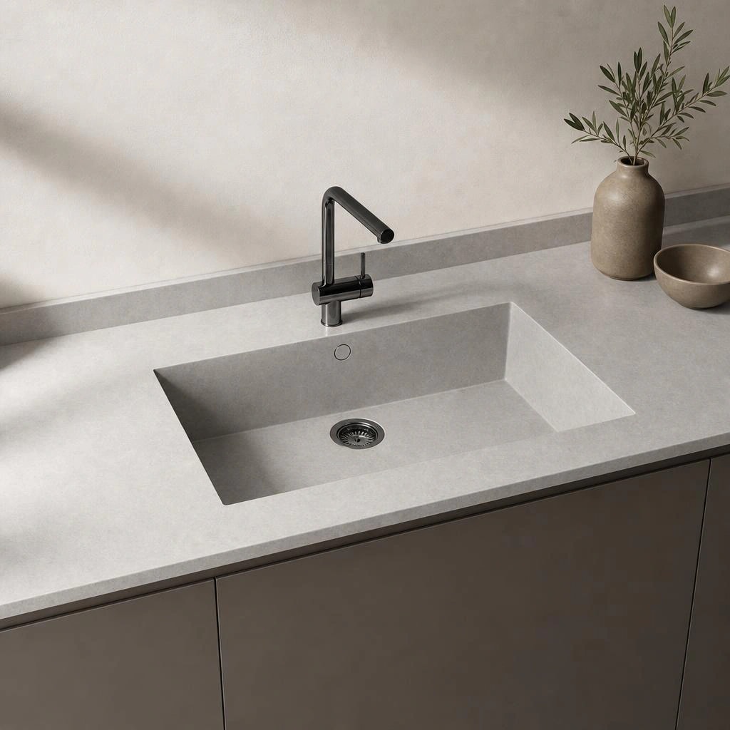 Dekton Kreta countertop with integrated sink and black tap