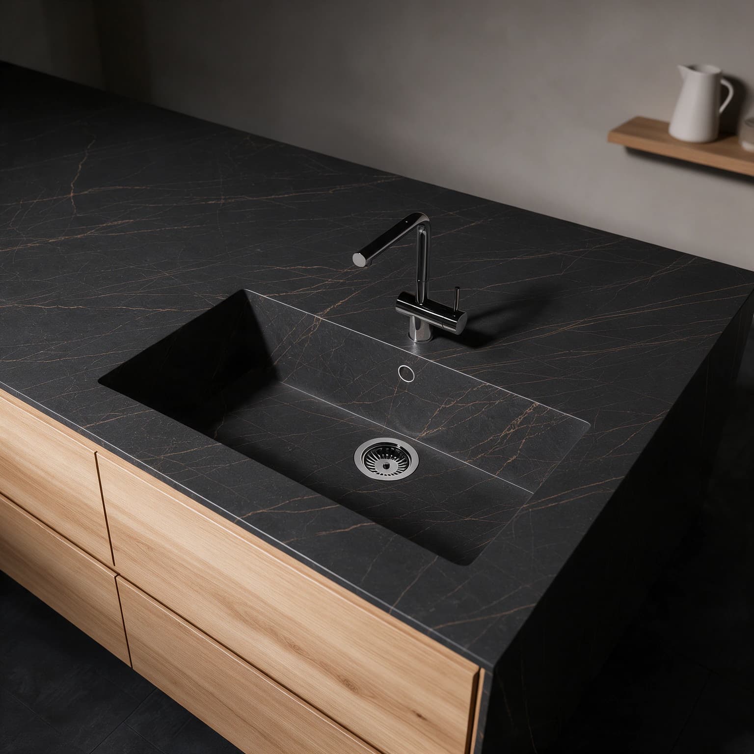Sa Caleta sink integrated into a Dekton Laurent kitchen countertop.