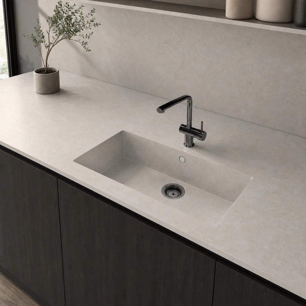 Dekton Lunar countertop in a light tone with an integrated sink and black tap