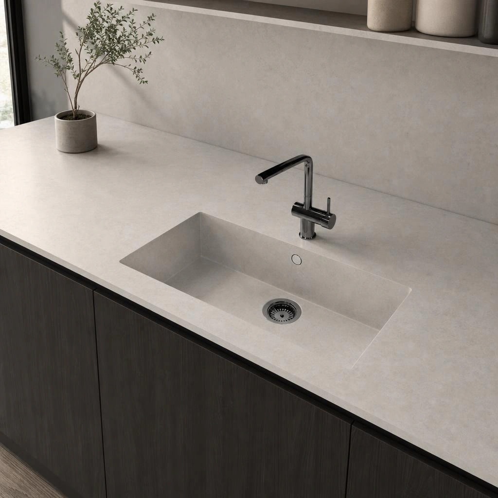 Dekton Lunar countertop in a light tone with an integrated sink and black tap