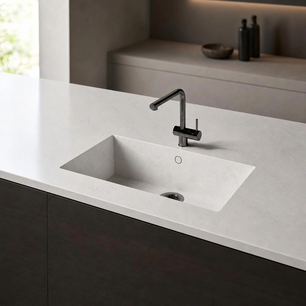 Dekton Marina countertop with integrated sink and black faucet