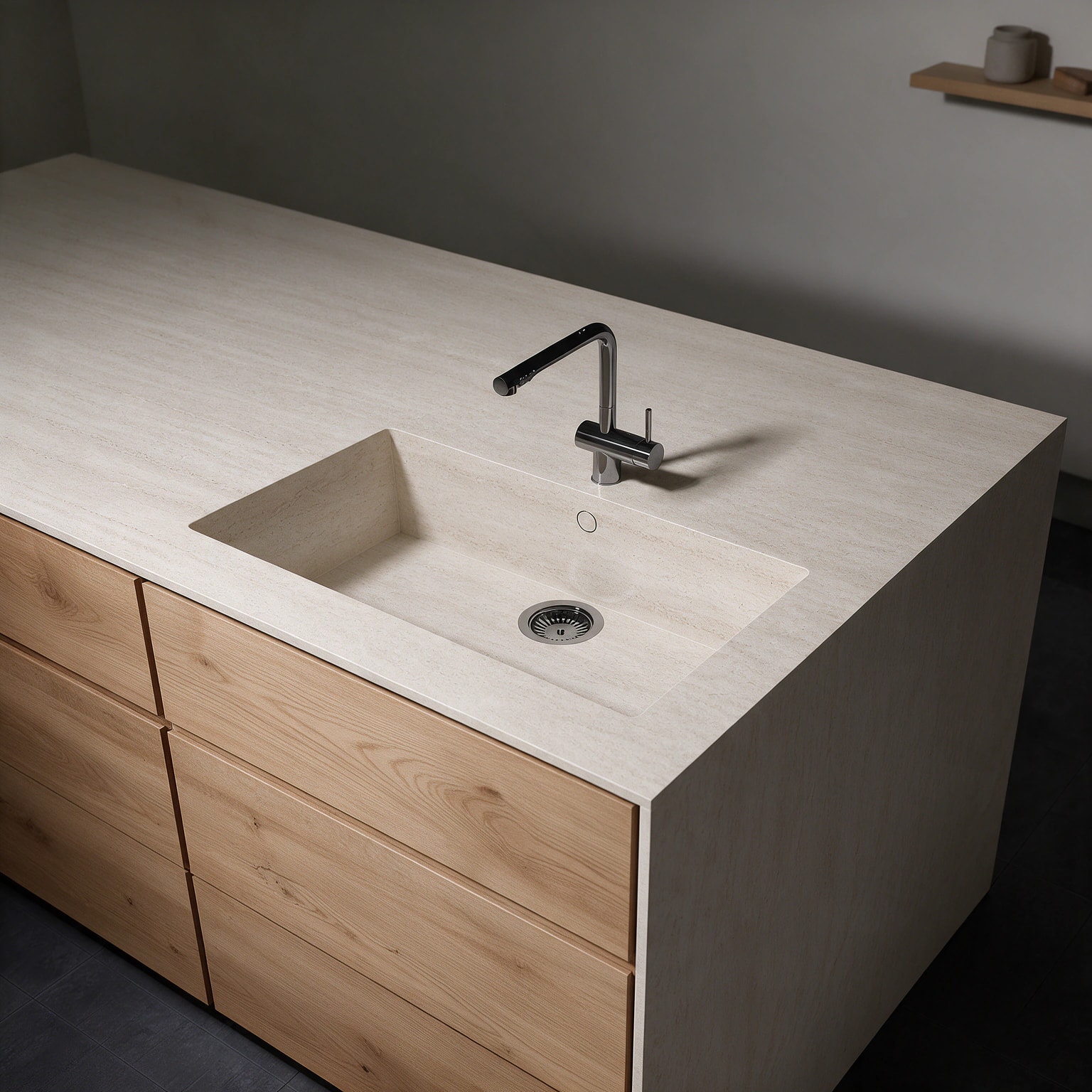 Sa Caleta sink integrated into a Dekton Marmorio kitchen countertop.