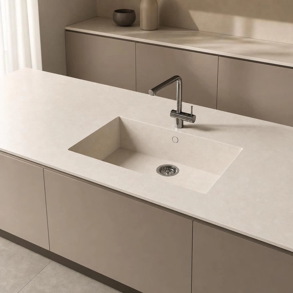 Dekton Nacre worktop with integrated sink and chrome tap