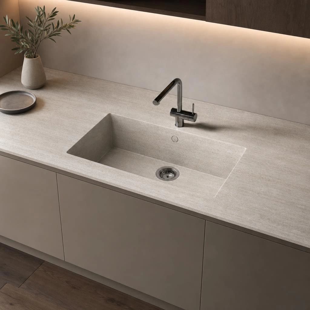 Dekton Nara countertop with integrated sink and dark faucet