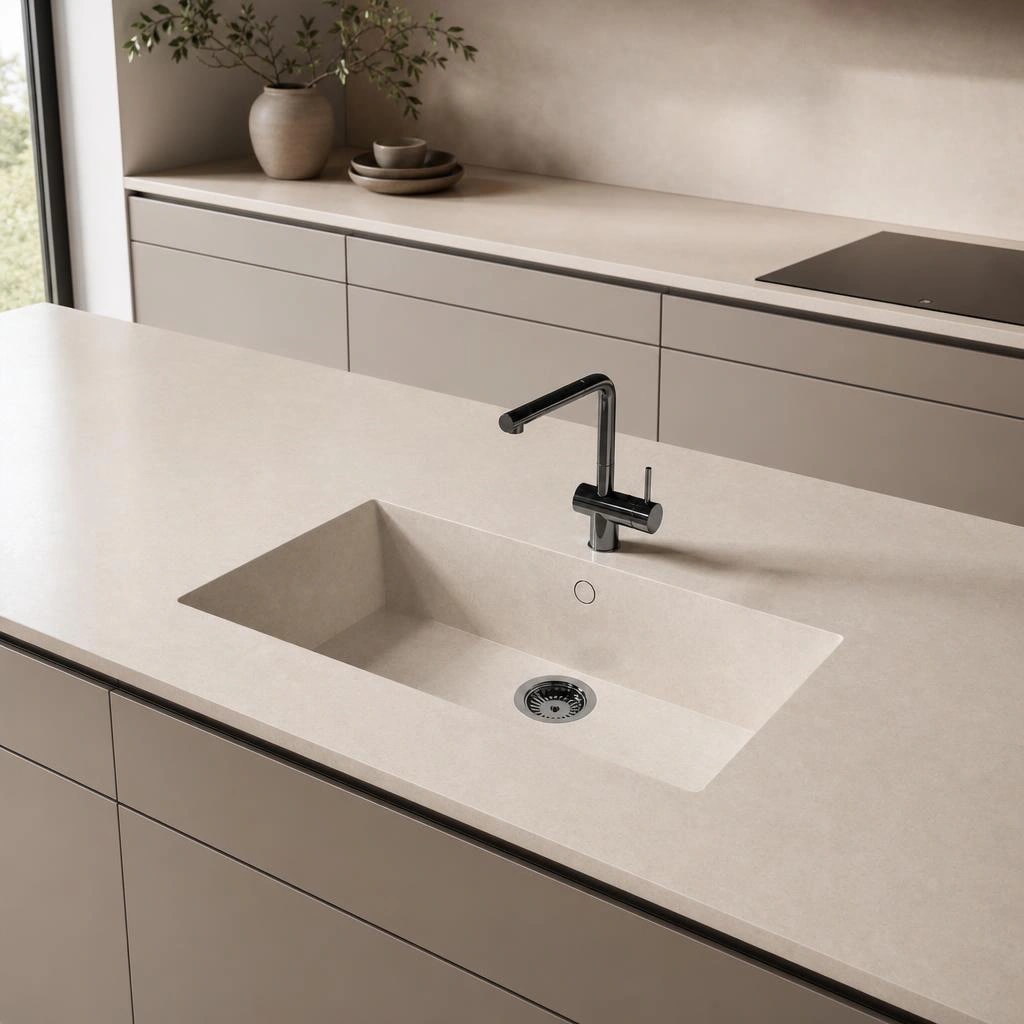 Dekton Nebbia countertop in a kitchen with an integrated sink and black tap