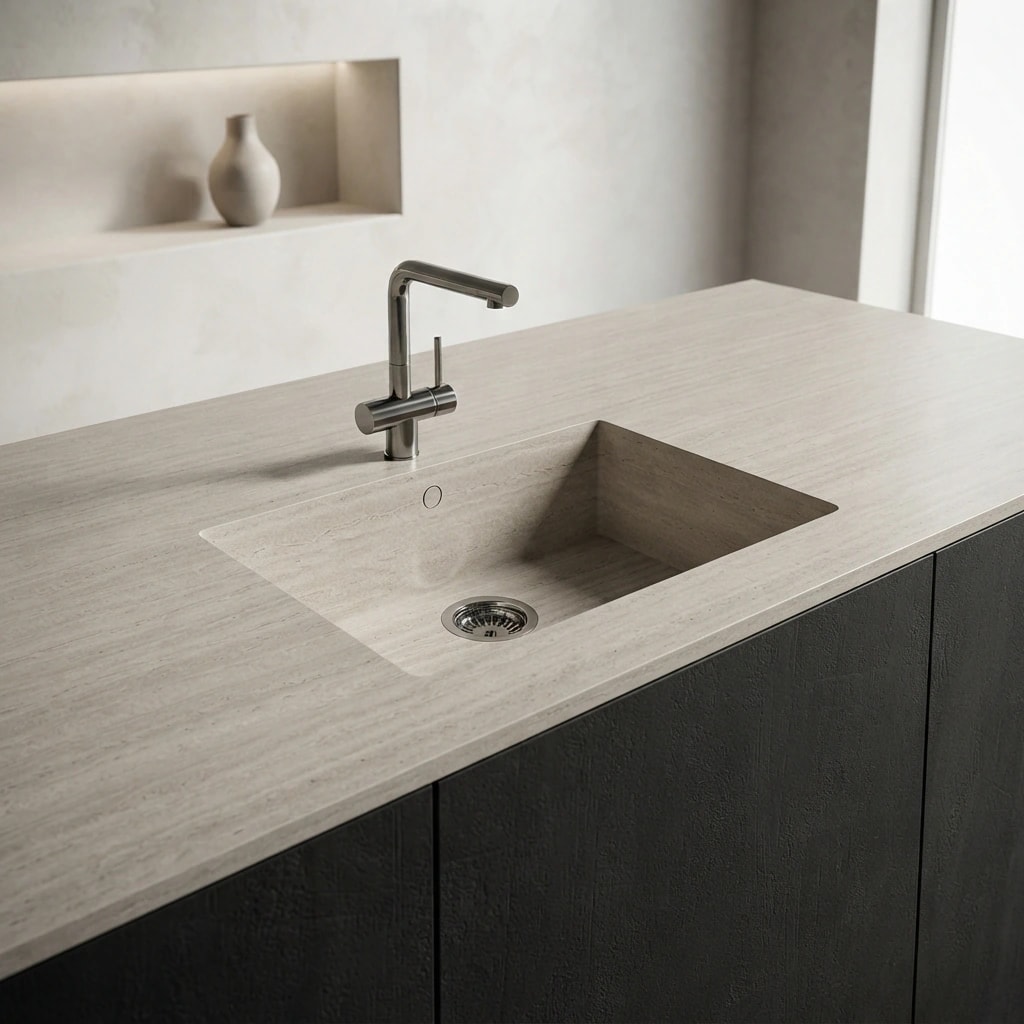Dekton Sa Caleta countertop in Nebu with integrated sink and metal tap