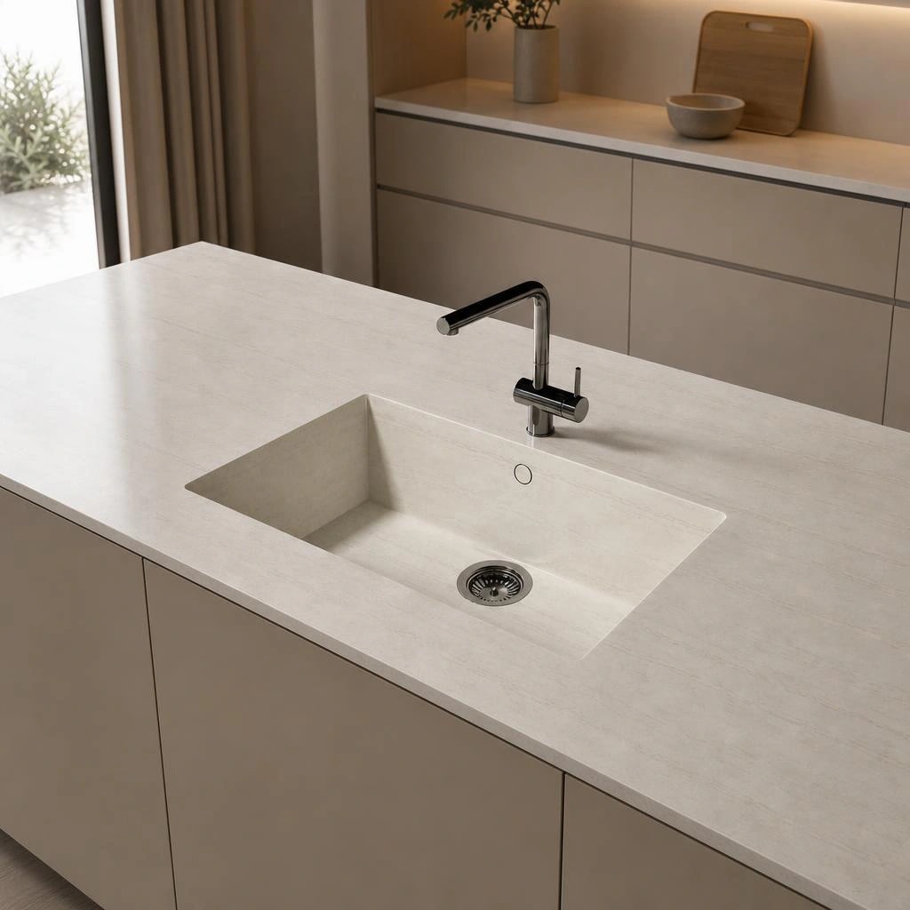Piano di lavoro bianco Dekton Sa Caleta in una cucina con lavello integrato e rubinetto cromato