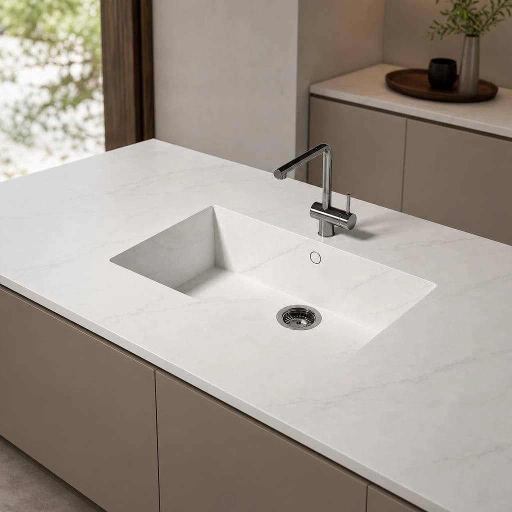Light-colored Dekton Rem countertop with integrated sink and chrome faucet