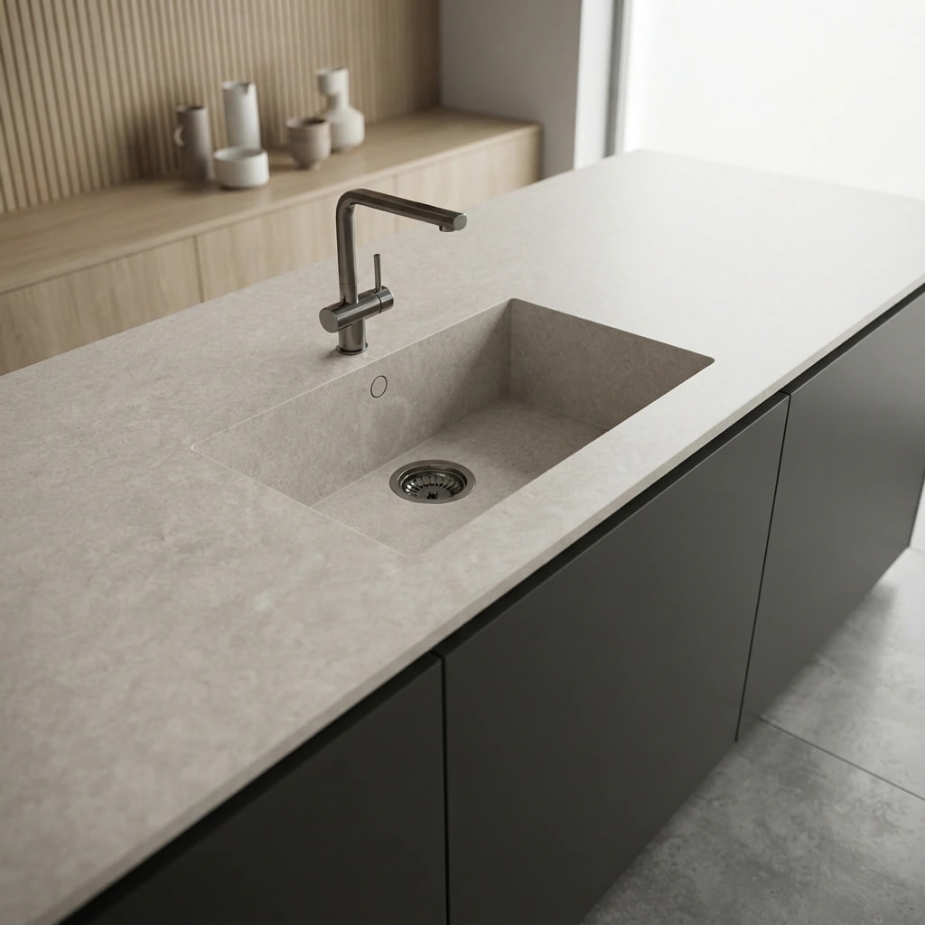 Dekton Sa Caleta worktop in Sabbia with integrated sink and steel tap
