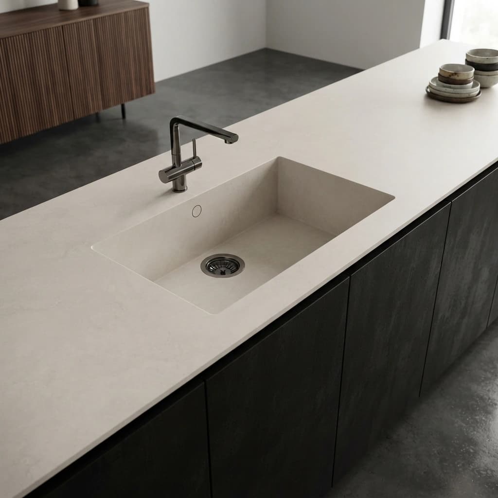 Dekton Sandik worktop on a kitchen island with an integrated sink and black tap