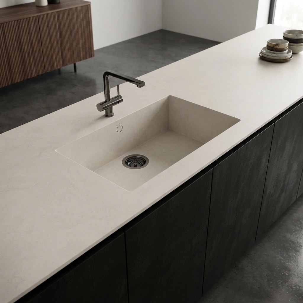 Dekton Sandik worktop on a kitchen island with an integrated sink and black tap