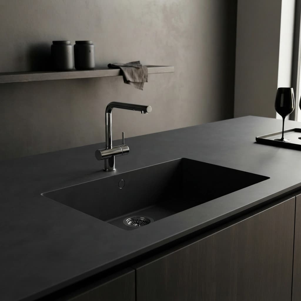 Dunkle Dekton Sirius Arbeitsplatte mit integriertem Spülbecken, Armatur und Tablett in einer Küche
