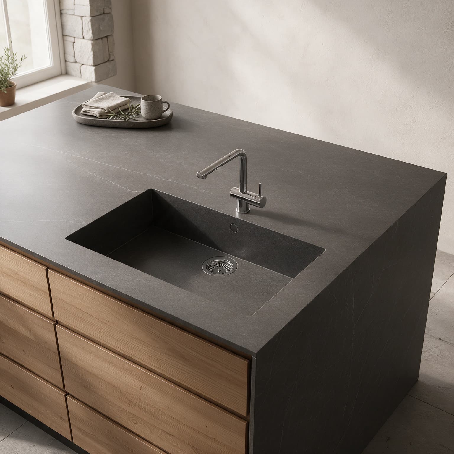 Sa Caleta sink integrated into a Dekton Soke kitchen countertop.