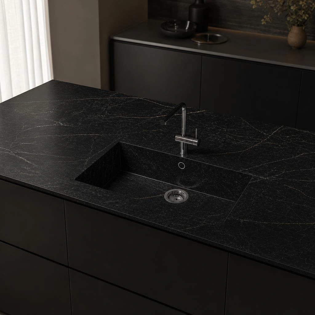 Dekton Somnia kitchen worktop in a dark colour with an integrated sink and tap