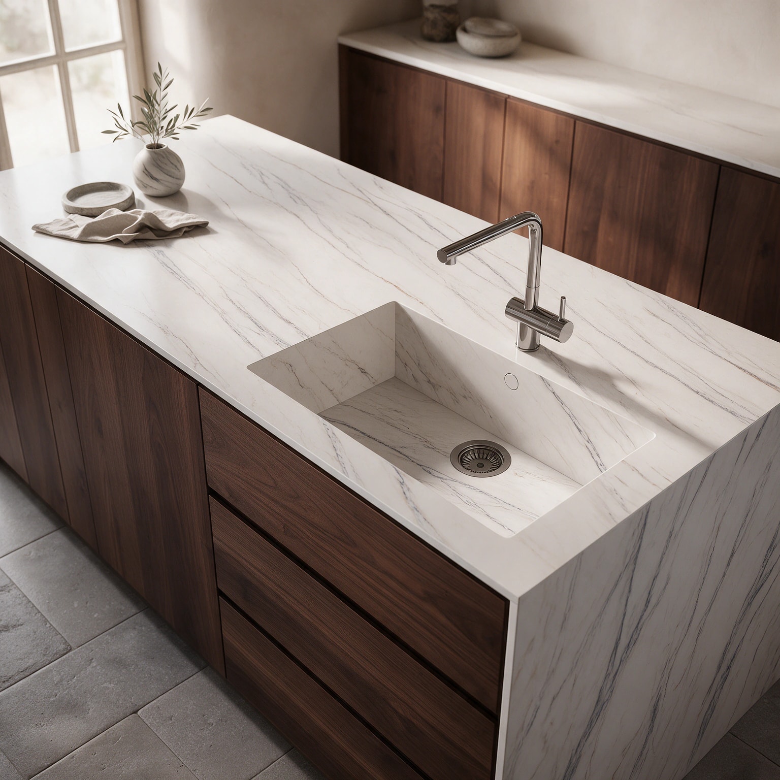 Sa Caleta sink integrated into a Dekton Trance kitchen countertop.